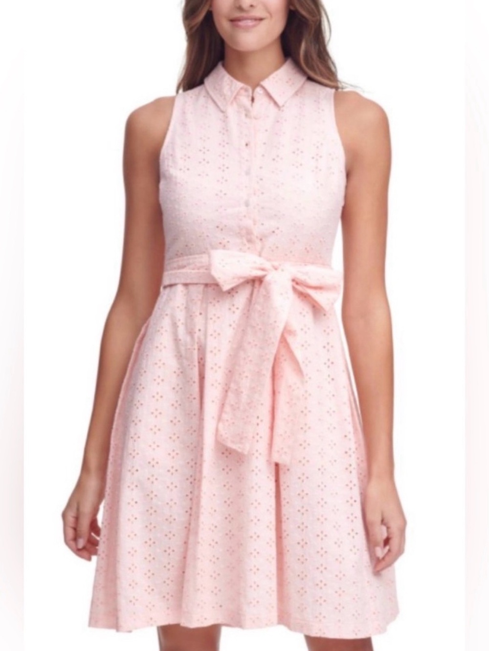 Tommy Hilfiger Sleeveless Pink Eyelet Shirt Dress with Waist Bow